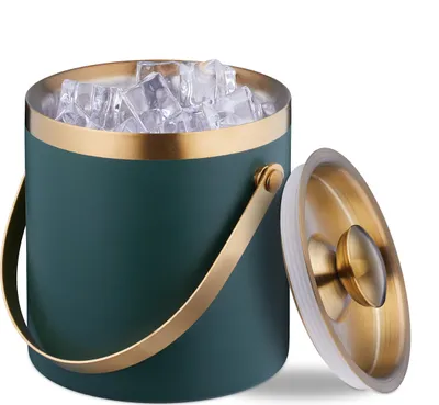 Produktbild von Relaxdays Eiswürfelbehälter, Edelstahl, doppelwandig, Eiseimer mit Deckel & Henkel, 1,5 l, Eiswürfelkübel, grün/gold
