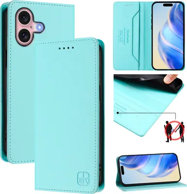 Produktbild von Lederhülle für iPhone 16 Hülle Flip Brieftasche Kartenfächern Ständer Schutzhülle Türkis