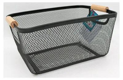 Produktbild von Drahtkorb mit Holzgriff schwarz 33x21x15cm | Dekorativer Metallkorb im Industrial-Stil | Ideal für Aufbewahrung & Deko im Haushalt