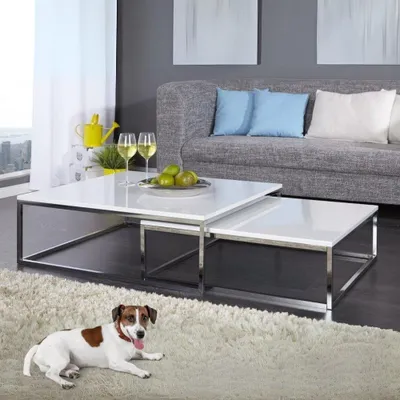 A modern living room scene with a dog lying on a rug in front of nesting coffee tables.