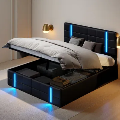 Obrázok produktu pre UnboxG Čalúnená manželská posteľ 160x200 cm s LED, USB C, hydraulická posteľ s úložným priestorom a čelom, úložný rám postele s kovovým rámom postele a lamelovým roštom, PU, čierna