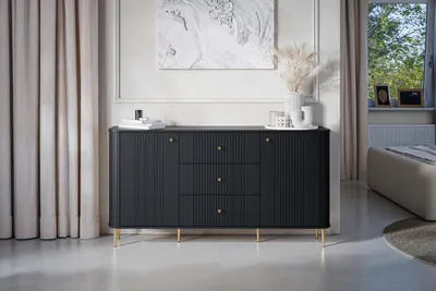 Zdjęcie produktu dla Komoda Z Szufladami Vesper 160 Cm Czarna Złote Nogi Ryflowany Front