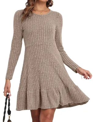 Productafbeelding van Damen midikleid, gebreide look, figuurvriendelijk, elastisch, glad, beige, maat XXL