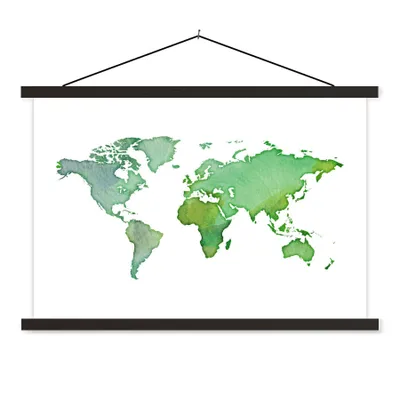Produktbild von MuchoWow® Textilposter Weltkarte - Aquarell - Grün 90x60 cm mit schwarzem Rahmen - Aufhängungssatz
