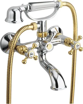 A close-up studio shot of a bathtub faucet with a handheld showerhead.