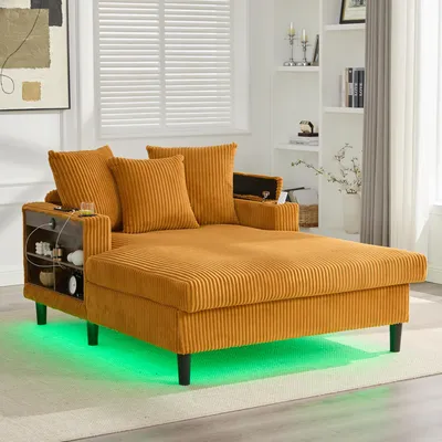 Produktbild von MODFU Liegesessel Loungesofa mit LED-Beleuchtung und USB-Ladeport Schlafsofa mit Stauraum und Seitentasche Multifunktionaler 1-Sitzer-Sofa mit großer Liegefläche Senfgelb