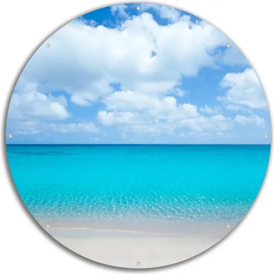 Produktbild von Wallario rundes Outdoor-Poster für Garten oder Balkon, Motiv Sandstrand und blaues Meer, 60 cm Durchmesser