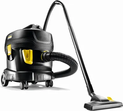 A black and yellow Kärcher wet/dry vacuum cleaner with a hose and wand is shown against a white background.