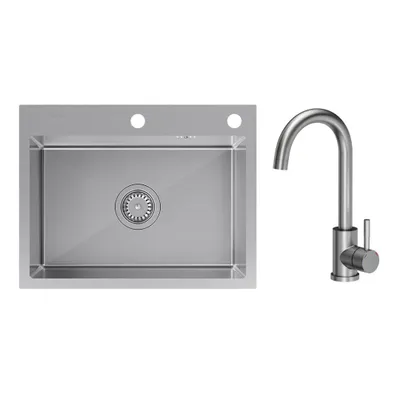 Immagine prodotto di VBChome Lavello 58 x 45 x 20 cm Acciaio inossidabile spazzolato con rubinetteria di alta qualità Inox – Design intramontabile per ogni cucina