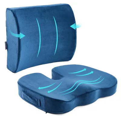 Productafbeelding van Lendesteun en zitkussen voor kantoelstoelen en autostoelen – Rugkussen van traagschuim ter ondersteuning van de lendenen, pijnverlichting en houdingscorrectie, met verstelbare banden (blauw)