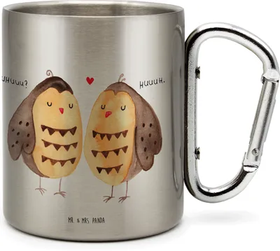Produktbild von Mr. & Mrs. Panda Becher Aus Edelstahl Eulen Liebe - Transparent - Geschenk, Trinkbecher, Teetasse, Hochzeit Spruch, Eule, Karabiner, tasse, Thermobecher, glücklich