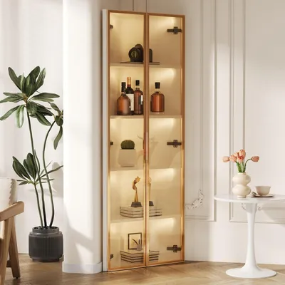 Obrázok produktu pre Sklenená vitrína, 62 x 35 x 160 cm, biela, s LED osvetlením a funkciou jemného zatvárania