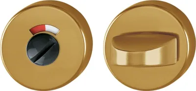 Two views of a toilet privacy lock mechanism, one showing the indicator and the other showing the knob.