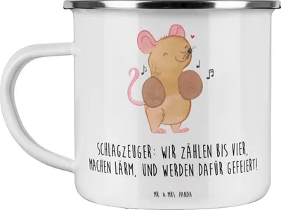 Produktbild von Mr. & Mrs. Panda Emaille Becher Schlagzeuger Stolz - Weiß - Geschenk, Spielen lernen, Beats, Instrument, Musik, Tasse, Teetasse, Haferl, Pott, Performance, Band, Musiker