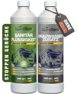 Produktbild von 2-teiliges Campingtoiletten-Set – Bio Sanitärflüssigkeit 1 l + Grauwasser-Zusatz 1 l – Sanitärzusatz für mobile Toiletten und Chemietoiletten – WC-Reiniger für mobile Toiletten