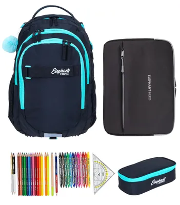 Produktbild von Schulrucksack Mädchen Elephant Hero Signature 4 Teile Set Rucksack Schultasche + Mäppchen Box + Laptophülle + 31 tlg. Stifte 13015 Tiff Türkis +rmlv