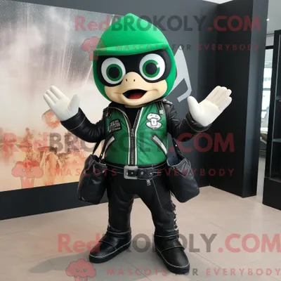 Productafbeelding van Groene REDBROKOLY tovenaar mascottekostuum gekleed met een motorjack en draagtassen