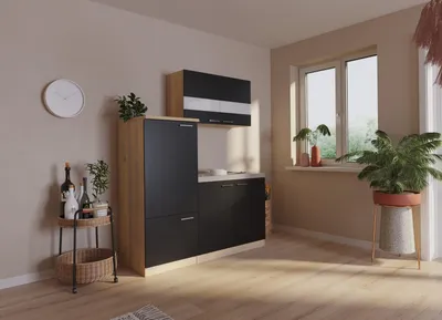 Produktbild von Küche Miniküche Single Eiche Schwarz Kühlschrank Luis 160 cm Respekta
