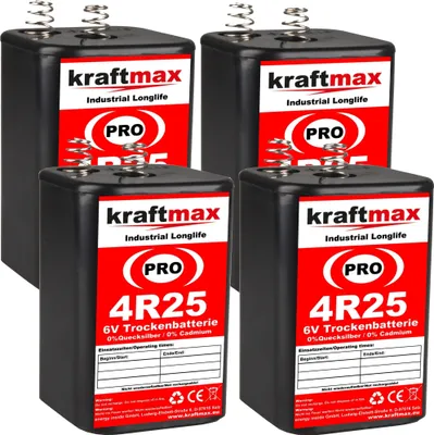 Produktbild von kraftmax 4er Pack 4R25 PRO - 6V Hochleistungs- Industrial Longlife Blockbatterie - 6 Volt Batterie Block - NEUSTE GENERATION 4R25X
