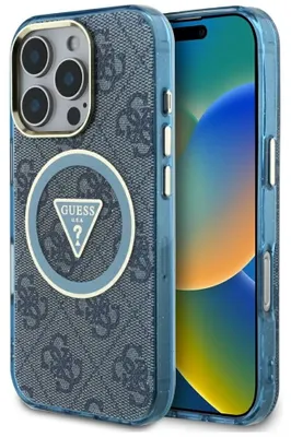 Zdjęcie produktu dla Guess IML Metal Glitter 4G Circle Triangle MagSafe - Etui do iPhone 16 Pro (niebieski)