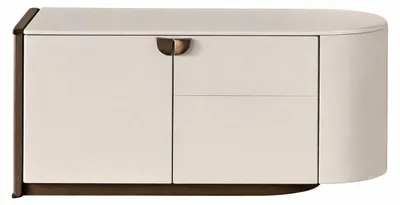Zdjęcie produktu dla Elegancka, minimalistyczna szafka podtelewizyjna z nowoczesnymi akcentami w kolorze kremowym