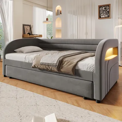 Produktbild von okwish Tagesbetten 90×200 mit LED Beleuchtung und Ausziehbett, Kinderbett Samt, Einzelbett in Grau,ohne Matratze