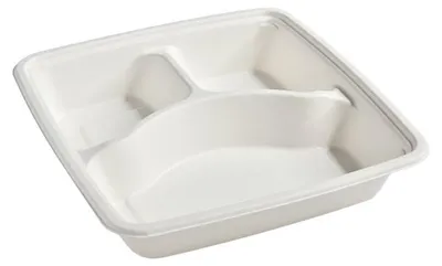 Zdjęcie produktu dla Pojemnik cateringowy z trzciny cukrowej 3-dzielny 228x228mm, 50szt