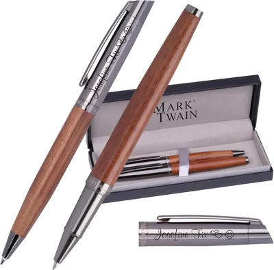 Productafbeelding van Mark twain katrina houten schrijfset - Cadeauset met balpen en rollerbalpen van metaal - Personaliseerbaar