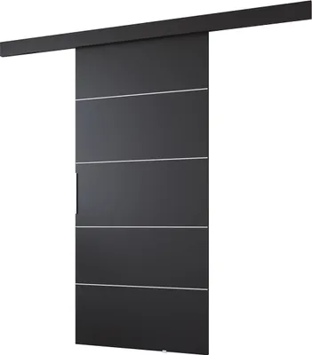A dark gray sliding door with silver horizontal stripes, mounted on a track.