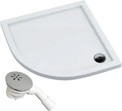 Produktbild von VBChome Duschwanne 80x80x5 cm R55 Duschtasse Viertelkreis für Duschkabine flach Sanitär-Acryl Duschbecken stabil glatt weiß Dusche+ Ablaufgarnitur