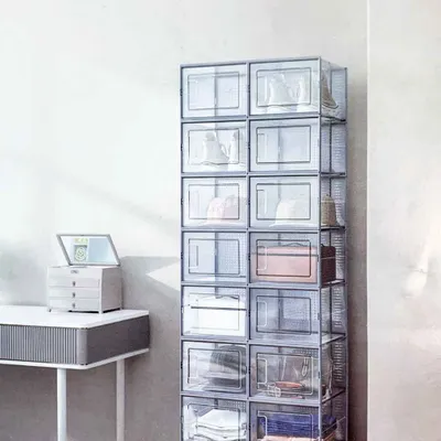 Obrázok produktu pre SONGMICS plastové boxy na topánky, sada 18 úložných organizérov, skladací a stohovateľný plastový box na topánky do veľkosti 46, priehľadný a čierny LSP007B18