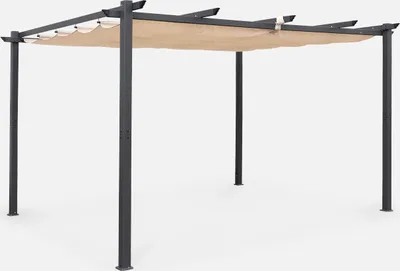 A beige pergola with a fabric canopy, shown against a white background.