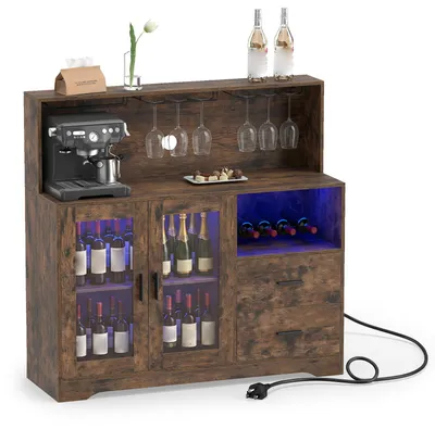 Imagen del producto de Armario de cocina COSTWAY, aparador con enchufe y LED, mueble auxiliar con superficie de trabajo, 2 puertas correderas y 2 cajones, 120 x 40 x 115,5 cm, color marrón