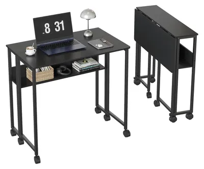 Immagine prodotto di Tavolo pieghevole salvaspazio - Scrivania per computer e laptop - Con rotelle - Con spazio contenitivo - Piano rettangolare di 63 cm - Struttura in metallo - Colore nero