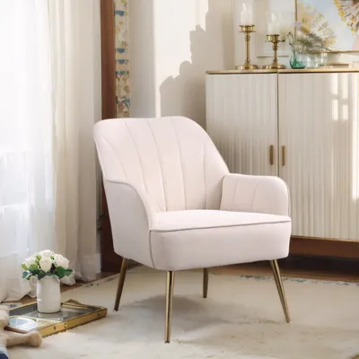 Produktbild von （Beige）Armlehnenstuhl Sessel Relaxsessel Lehnstühle Polstersessel mit Streifensteppung und Metallfüße Microfaser Samt Ohrensessel für Wohnzimmer Büro Arbeitszimmer