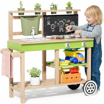 Produktbild von Outdoor Matschküche für Kinder - Holz-Spielküche - 88x33x85 cm - Rollen - Funktionierender Wasserhahn - Pflanzkästen - Kreidetafel - Regale & Zubehör