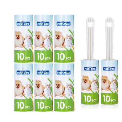 Immagine prodotto di Rullo adesivo antipelo, ideale per rimuovere peli di animali da abiti, divani, letti e sedili auto. Set di 12 rulli con 6 rotoli di ricambio
