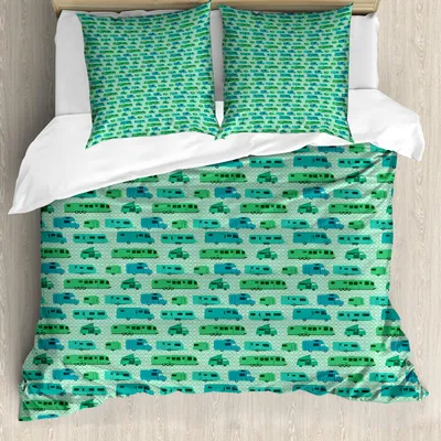 Obrázek produktu pro Sada povlečení na karavan ABAKUHAUS, mřížkový vzor na čtvercovém pozadí s různými modely karavanů, 155 x 220 cm + 80 x 80 cm, mátově zelená