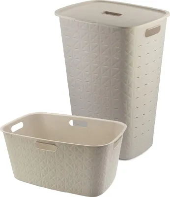 Produktbild von Curver Softex Wäschebox 56 L mit Deckel + Wäschekorb 45 L – Beige – 2-teiliges Set