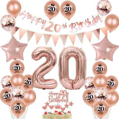 Zdjęcie produktu dla Dekoracje urodzinowe "20 lat" - baloniki w odcieniach różowego złota - baner i girlandy - motyw urodzinowy