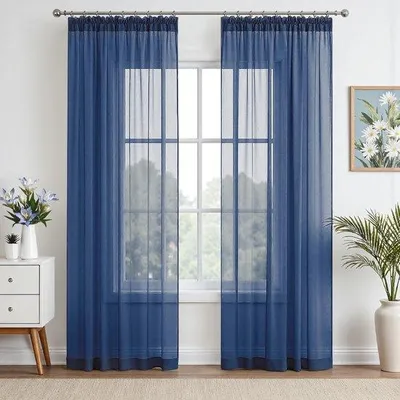 Obrázek produktu pro Unyqoos® Tmavě modré průsvitné závěsy s volánovou páskou, sada 2 kusů, rozměry 140 x 225 cm, 100% polyester (látka Terex) vhodné do ložnice a obývacího pokoje