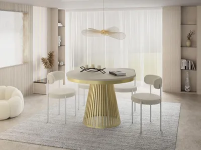 Produktbild von Esstisch Rund Ausziehbar mit Lamellen im Loft-Stil – 120 bis 200 cm – Industrieller Tisch mit Metallbeinen in Gold, Platzsparend für Wohnzimmer oder Esszimmer – Beige-Grau Kaschmir