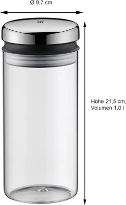 Produktbild von Luftdichter Vorratsbehälter 1 Liter aus geschmackneutralem Glas und Cromargan Edelstahl mit breiter Füllöffnung
