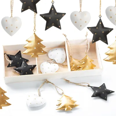 Produktbild von 18 Weihnachtsanhänger in schwarz, Gold & weiß - 5 cm aus Metall