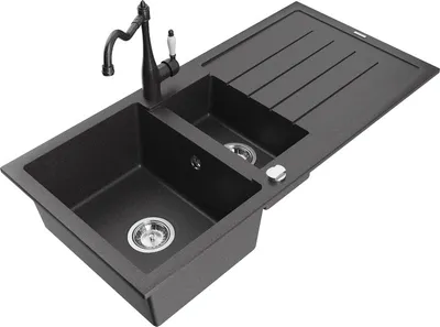 Produktbild von Mexen Andres 1,5-Becken-Granitspüle mit Abtropffläche und Mischbatterie Carla, Schwarz gesprenkelt - 6515-76-670700-76