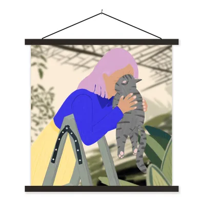 Produktbild von MuchoWow® Textilposter Frau - Katze - Minimalismus 60x60 cm mit schwarzem Rahmen - Posteraufhänger