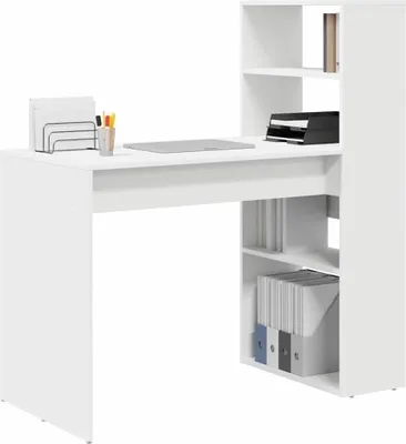A white desk with a bookshelf attached, shown against a white background.