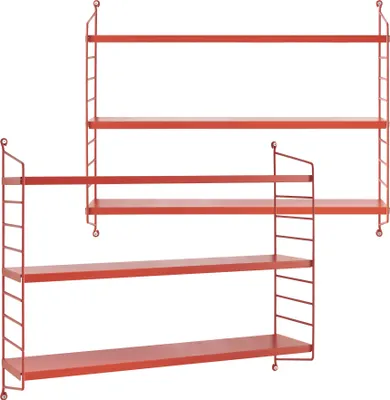 Two red modular wall shelf units are shown against a white background.