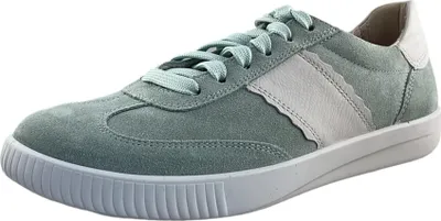 A single green sneaker with white accents is shown against a white background.
