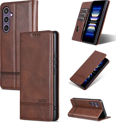 Collage of a brown leather phone case for a Samsung Galaxy S24 FE, showing different angles and features.